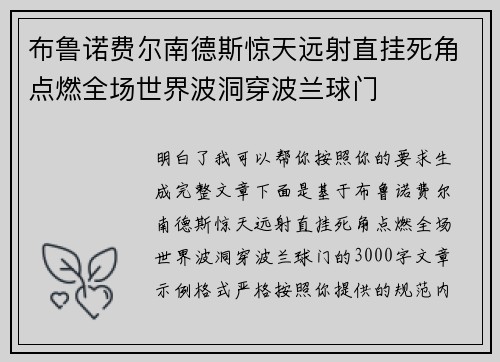 布鲁诺费尔南德斯惊天远射直挂死角点燃全场世界波洞穿波兰球门